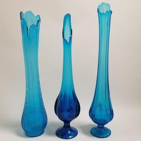 3 mid-century blue swung glass vases- 22" tallest