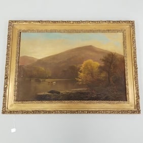 George H. McCord framed signed oil painting on canvas "River Pastoral" 26 1/4" x 36 1/4" O.D.