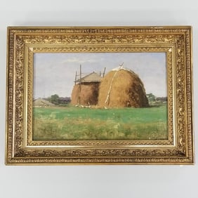 J. (Joseph) A. Greenwood framed signed oil painting on canvas "Haystacks" 14 1/2" x 19 1/2" O.D.