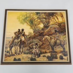 Gary Ernest Smith framed signed oil painting on board - Native Americans - 33 1/2" x 39 3/4" O.D.
