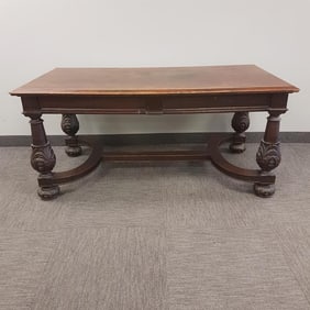 John Scott Bradstreet carved oak partner's desk signed with red decal - 65" x 37" x 30" high (some