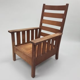 Gustav Stickley signed model #324 slatted arm chair - no cushions (wear to finish - see photos)