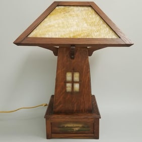 Mission Arts & Crafts table lamp with window design and hand painted scene - Peterson Lamp Co.