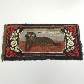 Antique folk-art hooked rug: dog- approx. 19"x 40"