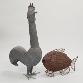 Galvanized rooster 38 1/2"H & metal fish sculpture 15"H