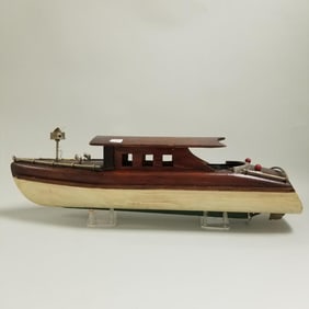 Antique wooden boat model with cabin & lights- 26"L 7"W