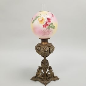 Antique signed Bradley & Hubbard banquet lamp with ball shade 30" tall (as seen- partially altered)