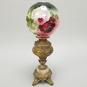 Antique signed Bradley & Hubbard ornate banquet lamp with ball shade- 30" tall (as seen- partially