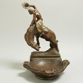 Antique bronze clad horse & rider tray 10 1/2"T (as seen- arm damage)