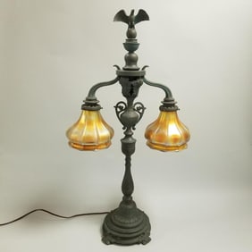 Ornate metal double lamp with 2 Steuben gold aurene shades- lamp is 30" tall, shades 6 1/2"x 5 1/2"