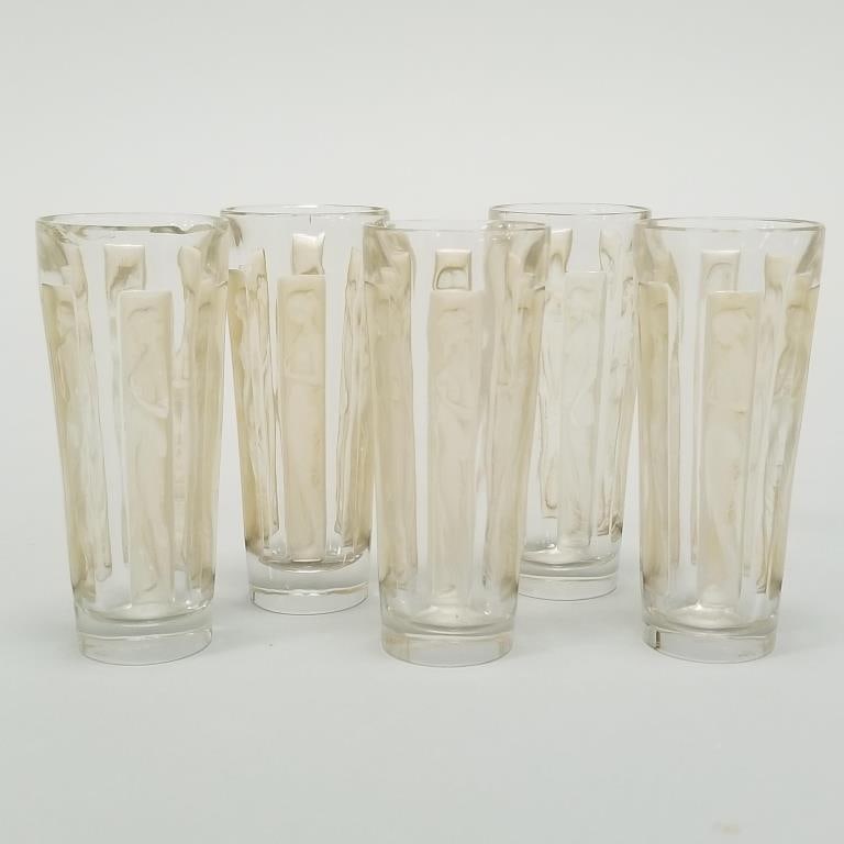 R. Lalique France set of 5 etched figural cordials 3 7/8" high (as seen - rim chips) (1 of 15)
