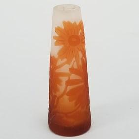 Galle etched orange cabinet vase - 4" (heat cracks ?)