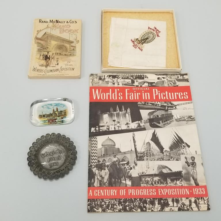 Collection of 1893 World Columbian Exposition items including handbook, paperweight, hankie, etc. (1 of 20)