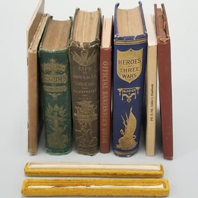 8 books, etc. including Heroes of 3 Wars - 1880, Civil War, General Greene - 1856, a quill pen, etc.