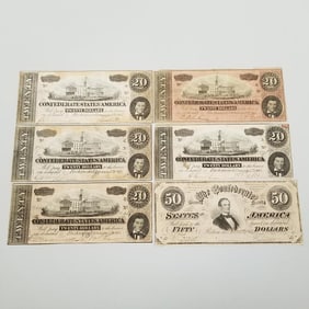 6 pieces of antique Confederate currency including 1 - $50 & 5 - $20's