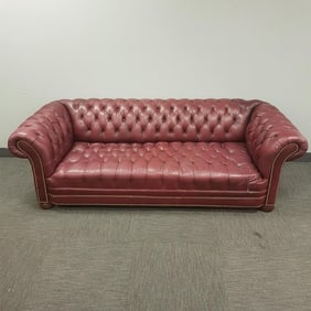 Leather upholstered Chesterfield style sofa - 85" long x 29" high x 36" deep (see photos - needs tho