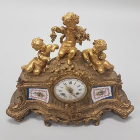 Antique French figural clock with porcelain inset panels (as seen - electrified movement)