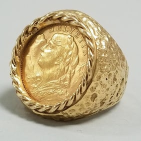 1947 Helvetia 20FR gold coin ring in 18k gold setting- 30.2 grams total, size 9 1/2