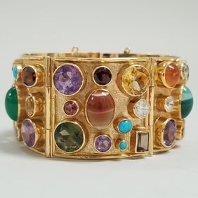 Tested 18K artisan made hinged bracelet 36mm wide set with 53 multicolor semi-precious stones -