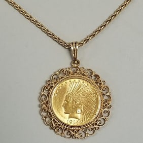 $10 gold Indian Head golden eagle coin pendant in 14k gold bezel on 14k gold chain - 43.4 grams