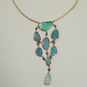 14k gold artisan necklace set with opals & sapphires 24.1g, 16"L w/ 4" drop