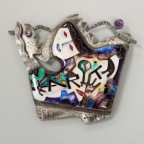 Signed C. R. Dunetz sterling silver, cloisonne enamel artisan pendant / brooch set with amethyst -