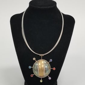 Artisan Dolores Fawkes sterling silver & gemstone pendant / necklace - 21.4 grams, 16"L, 2 5/8"