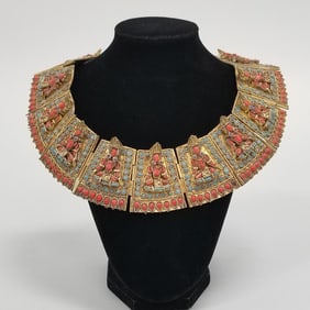 Vintage Tibetan figural brass collar necklace encrusted with coral & turquoise colored glass - 17"L,