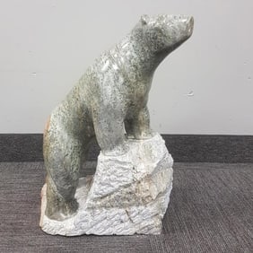 Large carved stone bear sculpture - 21" high x 15" long