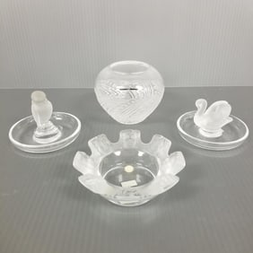 4 small pieces of Lalique glass - 3 1/2" vase, 8 face bowl - 4 1/4" deep & 2 figural pin trays