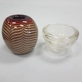2 signed art glass vases - 7" high Nourot & a 7" diameter gold flecked released bubble vase
