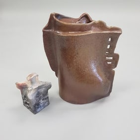 2 pieces of Sister Dennis (College of St. Benedict unsigned pottery sculptures - 19" lidded