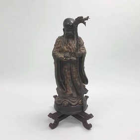 Asian bronze figure with dragon head staff & gilt highlighting 38 1/2" high on a 7" wood base