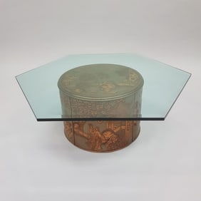 Mid-century Drexel Heritage Chinese motif low drum table base with hexagonal glass top - base 15