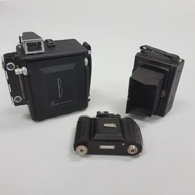 3 vintage cameras including Busch Pressman, Vorgslander & Welta