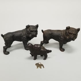 3 cast iron dogs including 2 banks & "Mack" bulldog - 6" tallest