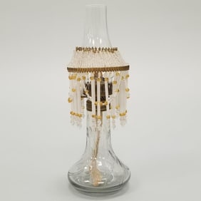 Miniature etched glass lamp with beaded shade 10"T