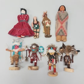 8 vintage Native American dolls including 4 signed Kachinas - 16" tallest (as seen - 1 foot)
