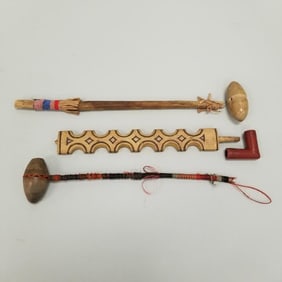 Antique catlinite pipe bowl with carved wood stem & 2 Native American stone clubs (1 club & head do