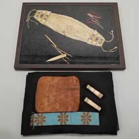 2 cased collections of Native American items including Sioux quill workers bladder envelope /