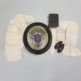 1880 Communion framed item, antique Bible & a group of antique children's clothing & shoes - frame