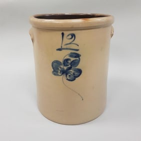 Antique Red Wing 12 gallon blue decorated stoneware crock 18 1/2" high (as seen - hairlines, rim