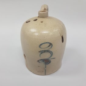 3 gallon salt glaze beehive stoneware jug with blue decoration & turkey droppings - 14" high