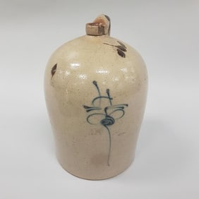4 gallon salt glaze beehive stoneware jug with blue decoration & turkey droppings - 16" high (rim