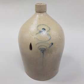 3 gallon salt glaze beehive stoneware jug with blue decoration & turkey droppings - 16" high (base