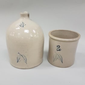 2 Red Wing stoneware birch leaf items including 4 gallon beehive jug (rim chip) & 2 gallon crock