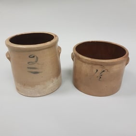 2 salt glaze crocks including 2 gallon & 1 1/2 gallon