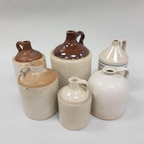 6 vintage stoneware jugs - assorted sizes including 1 blue band
