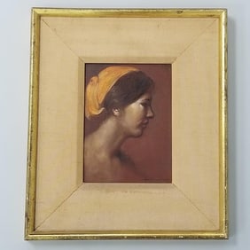Ann Didush Schuler framed signed oil painting on board "Girl in Orange Scarf" 12 1/2" x 14 1/2" O.D.