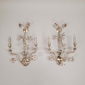 Pair Niermann Weeks silver leaf & crystal sconces- 25" total length (2 missing crystals)